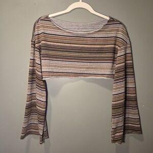 Striped Crop Flare Sleeve Sweater Boho Cottagecore Women's Size M Brown Multi